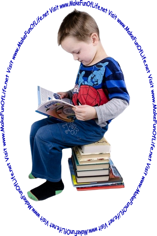 Picture of a boy sitting on a stack of books, reading a book, and the words, 'Visit www.MakeFunOfLife.net.'