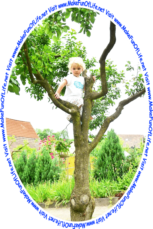 Picture of an infant girl sitting on a branch in a tall green leafy tree and the words, 'Visit www.MakeFunOfLife.net.'