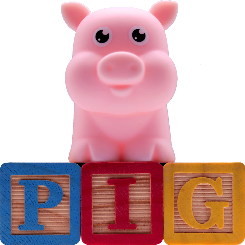 Picture of a toy pig sitting on toy wooden letter blocks spelling out P-I-G. 