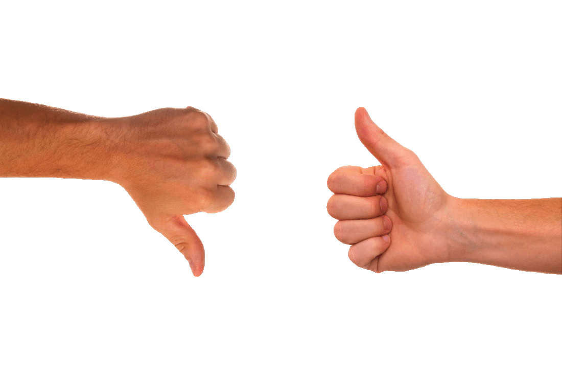 Picture of two human hands, one with a thumb pointed down in disapproval, and one with a thumb pointed up in approval.