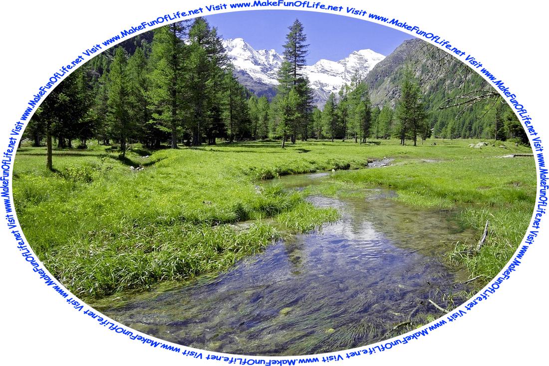 Picture of a wilderness area with a river running through a green grassy meadow scattered with evergreen trees, snow-capped mountains in the distance and a clear blue sky overhead, and the words, ‘Visit www.MakeFunOfLife.net.’